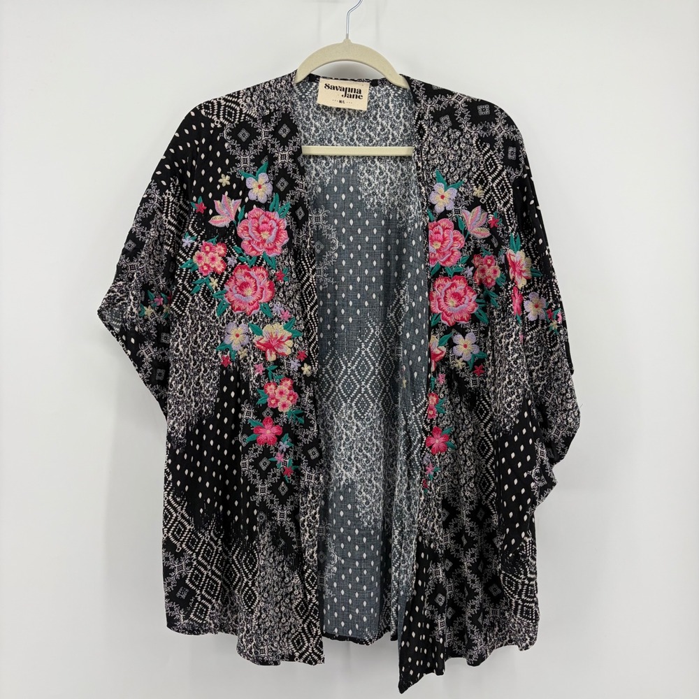 Savanna Jane Womens M/L Black Floral Embroidered Patchwork‎ Kimono Cardigan